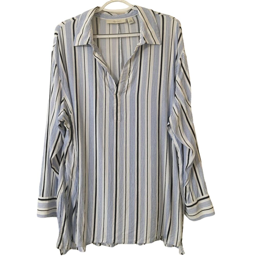 Sejour 2X Long Sleeve Navy Blue, Blue & White Striped V-neck Collared Blouse